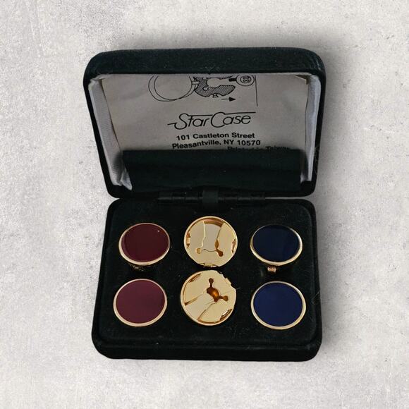 Vintage 3 Pairs Button Links Star Case in Case Gold Tone - Picture 3 of 8